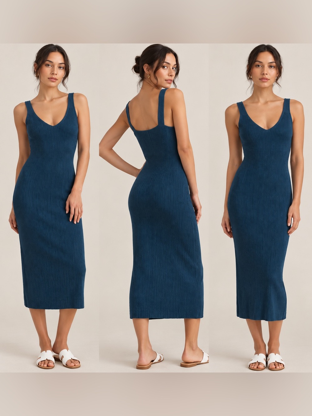 Modern Citizen Yuna Ribbed Vneck Midi Dress in Teal Blue